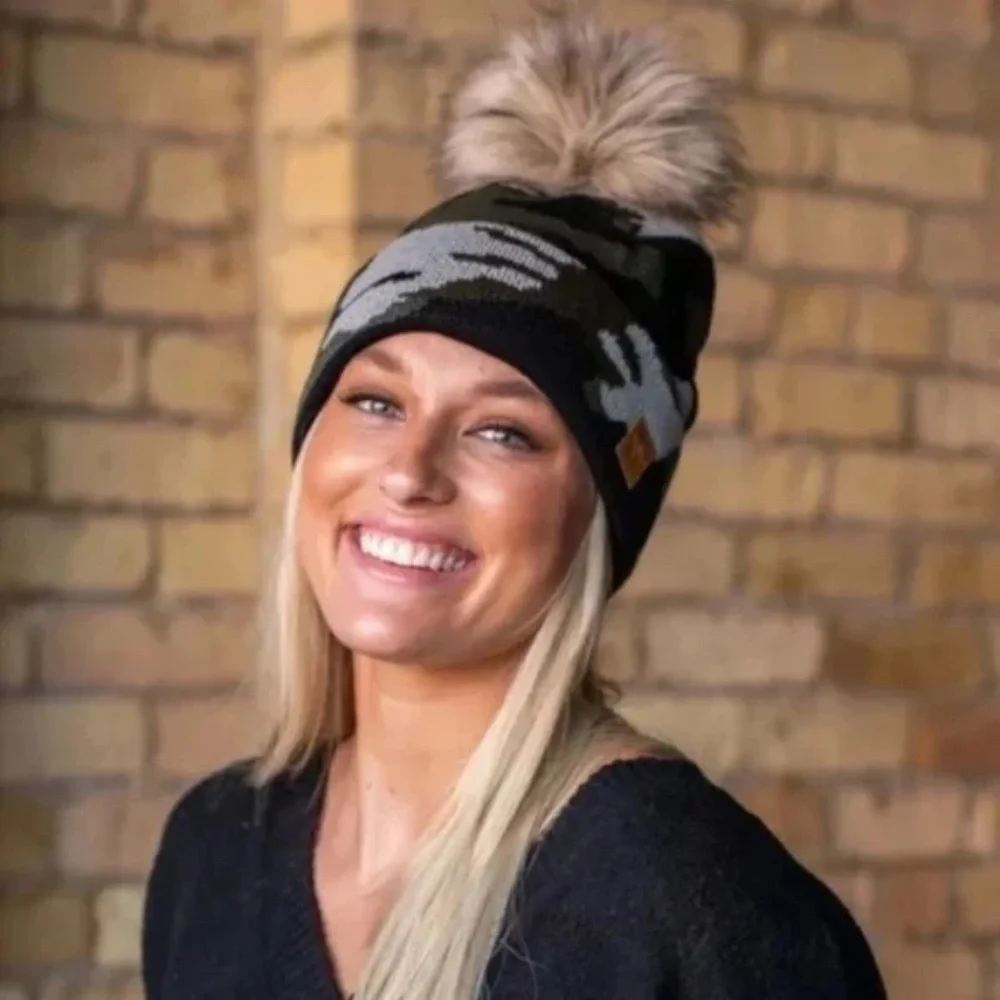 SOLD OUT Olive Camouflage Fleece Lined Knit Faux Fur Pompom Beanie Women's - Picture 3 of 4